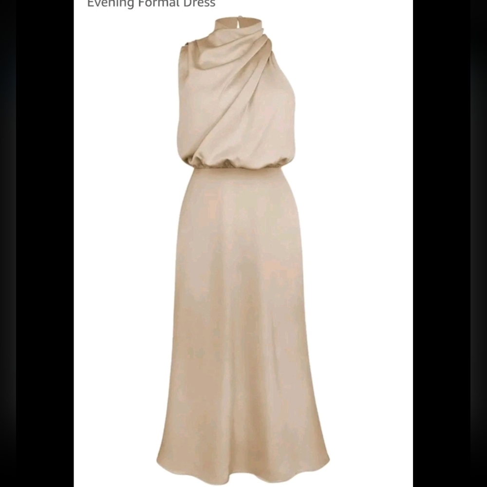 SYLDMJ Cream Ivory Satin Dress high neck Ankle Length Sleeveless Formal Sz Large